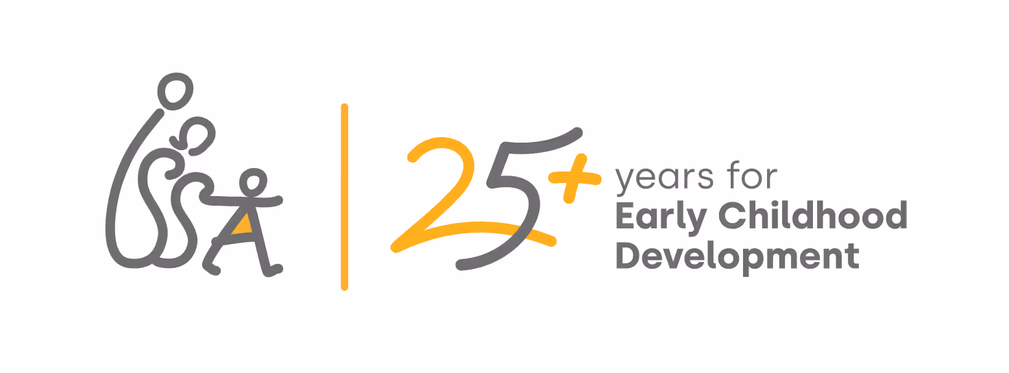 Logo celebrating 25+ years for Early Childhood Development with stylized figures of adults and a child.