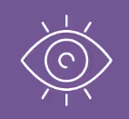 White eye icon with rays on purple background symbolizing visibility or vision.