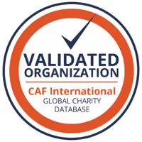 Badge with a checkmark and text reading Validated Organization, CAF International Global Charity Database.
