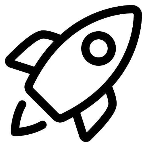 Stylized black silhouette of a rocket icon facing right with three fins and a circular window.